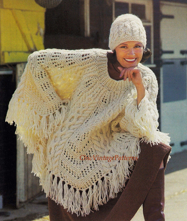 Knitted Aran Poncho and Hat Pattern