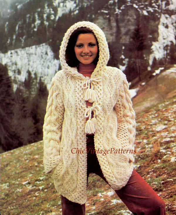 Aran Hooded Jacket Knitting Pattern ChicVintagePatterns