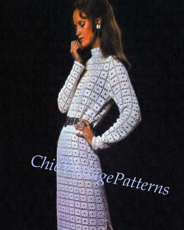 Ladies Crochet Dress Pattern, Long Retro Dress, Instant Download