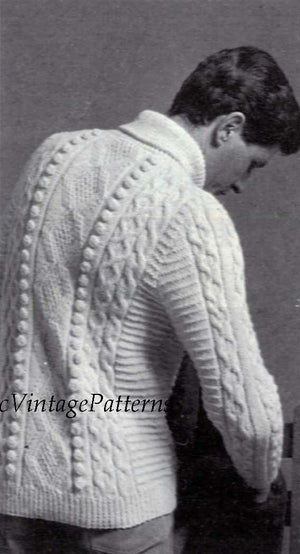 Mens Knitted Sweater, Traditional Aran Pattern | ChicVintagePatterns